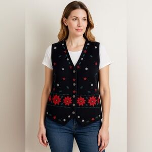 Vintage Karen Scott Christmas Poinsettia Button Front Vest